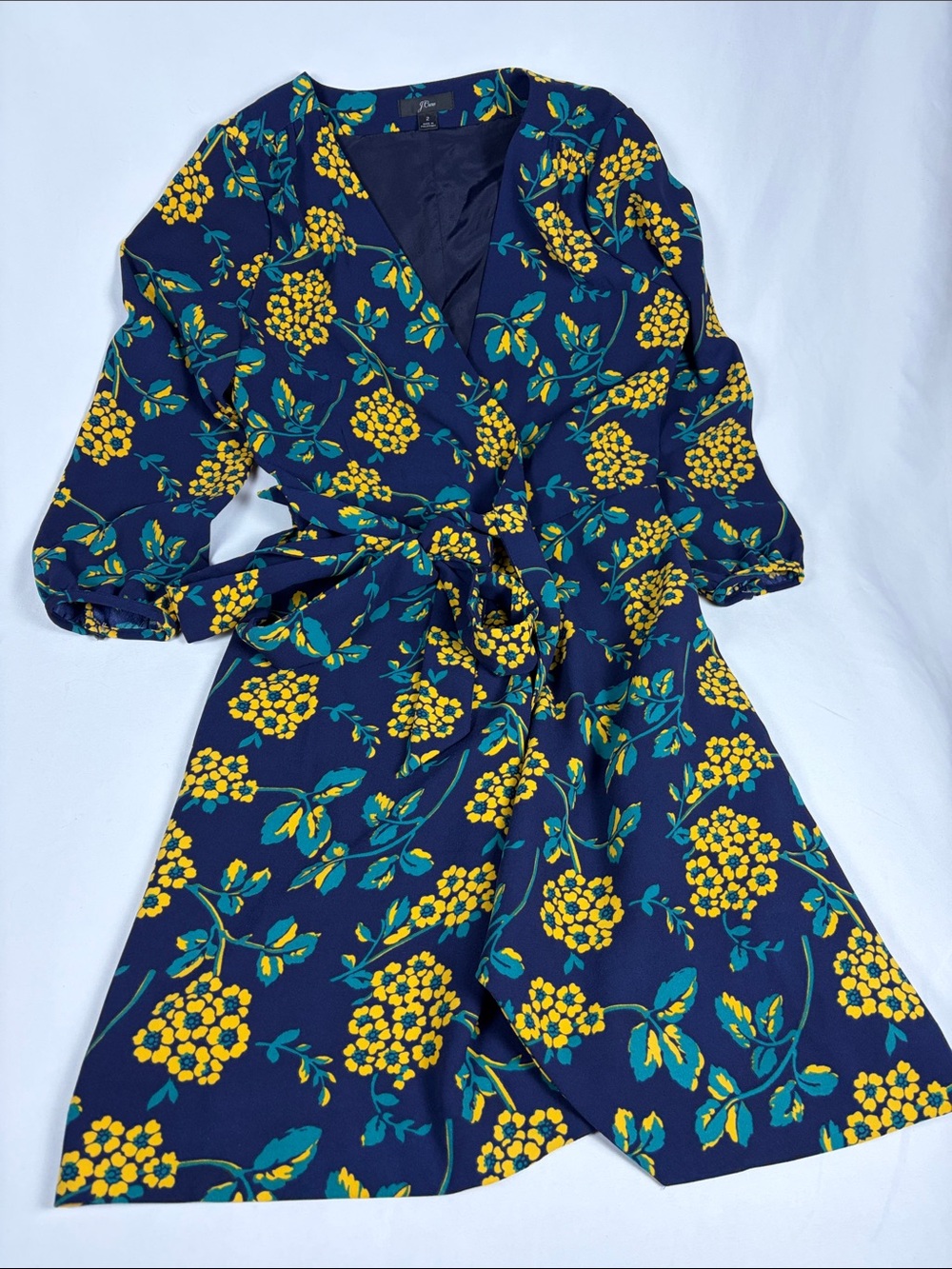J. Crew Navy‎ Floral Wrap Dress Yellow Blooms Midi Sleeve Size 2